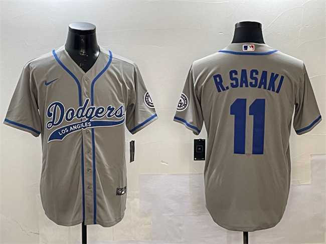 Men%27s Los Angeles Dodgers #11 Roki Sasaki Gray With Patch Cool Base Stitched Jersey->los angeles dodgers->MLB Jersey